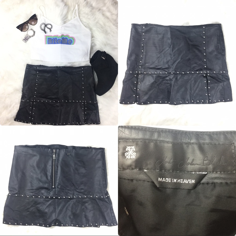 Black Studded Leather Look Mini Skirt Sexy Moto